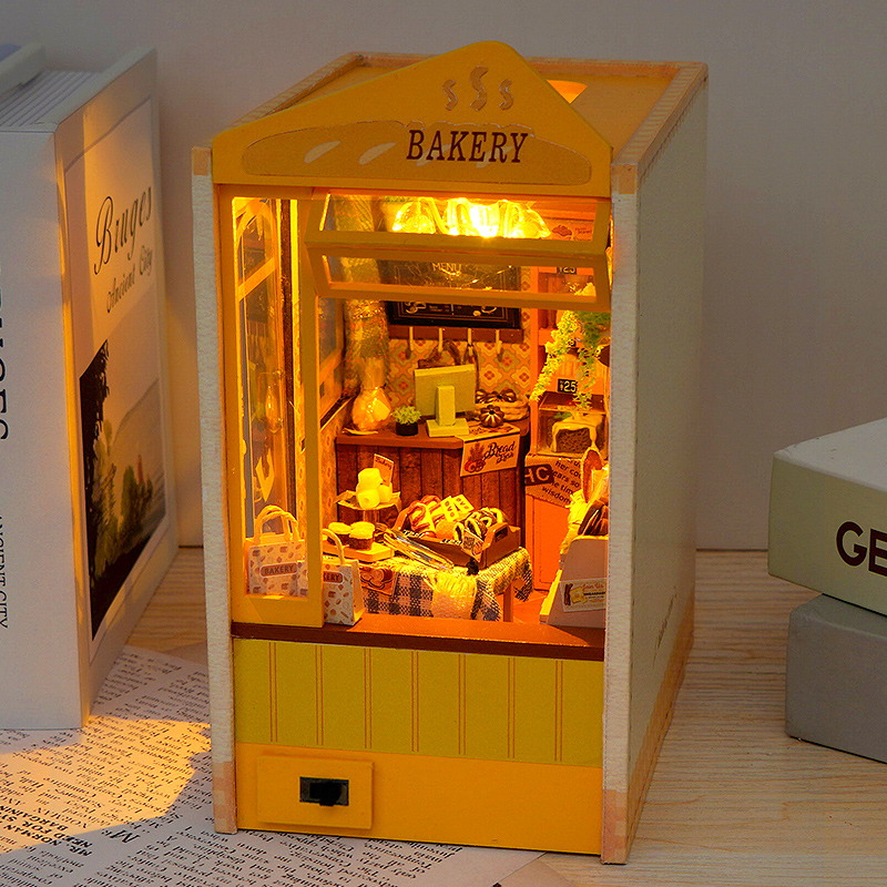 Model Kit Japan Shop - DIY หนังสือไม้ Nook ใส่ชั้นวางชุดไม้ Miniature ชุดร้านเบเกอรี่